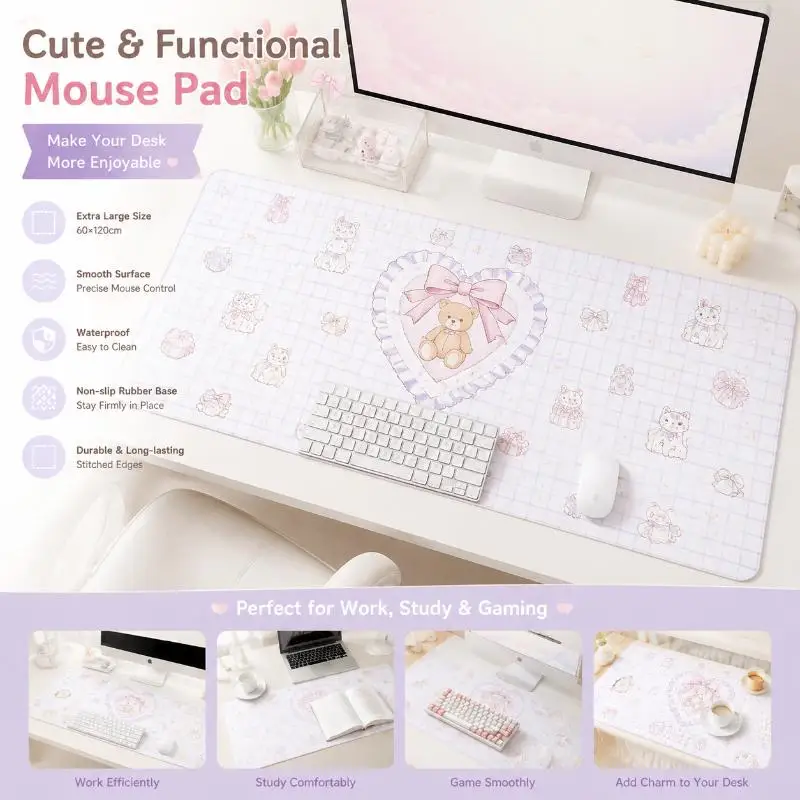 ∘Extra Large Kawaii Desk Mouse Pad Waterproof Non Slip Bear Cherry Print for Gaming Desktop Decor Office Home Gift