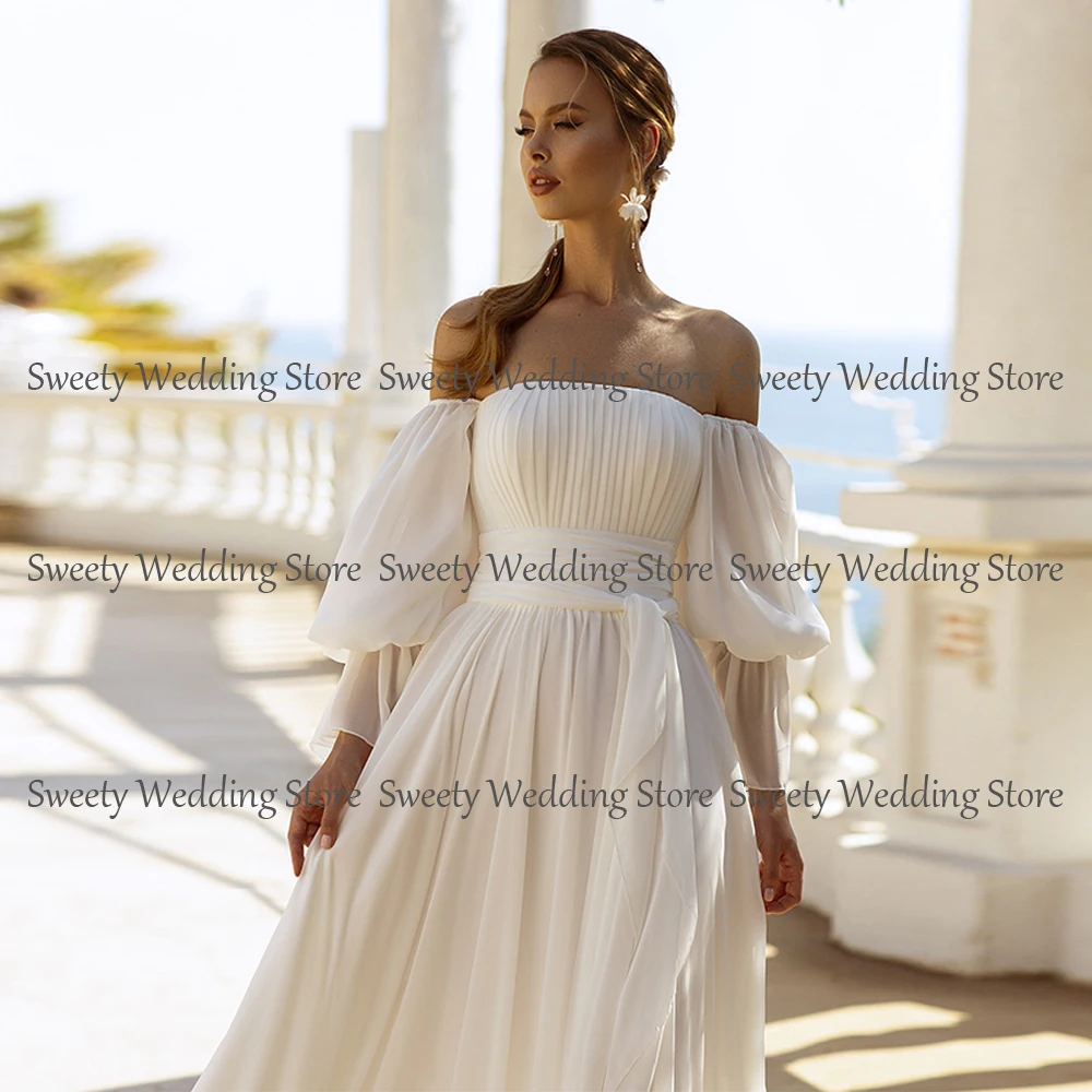 Jiayigong Princess Wedding Dress with Puff Slevees Strapless Pleat Ruched Belt Plain Simple Modern Bridal Dresses Marriage Gown