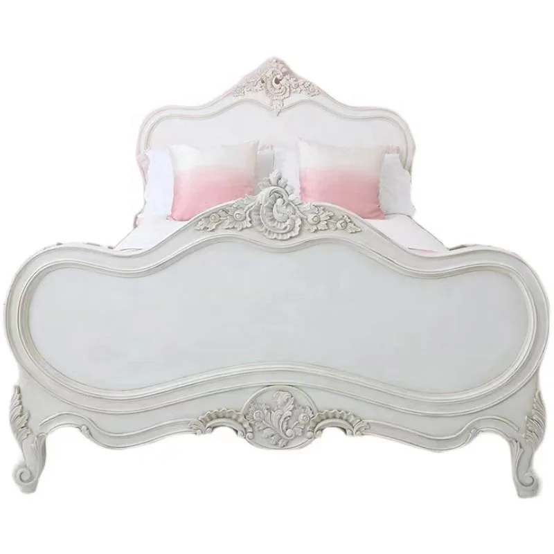 

*For High Quality Bedroom Furniture French Rococo Solid Wood Vintage White king Bed
