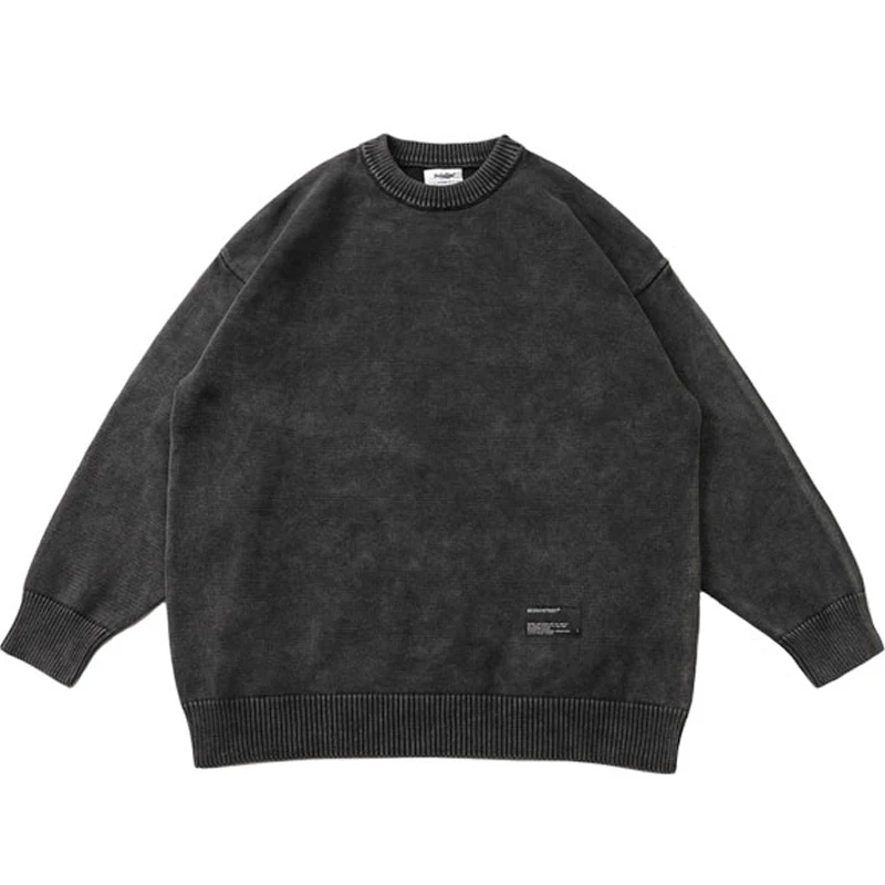 

Autumn All Cotton Knitted Heavy Water Washed Japanese Round Neck Pullover Dark Gray Sweater for Men Loose