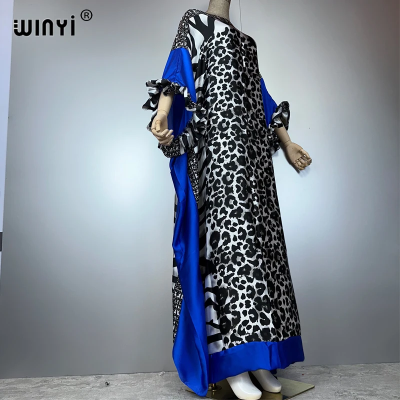 WINYI summer Leopard print evening dress abaya dubai luxury  Female loose holiday kaftan muslim woman clothing beach dress