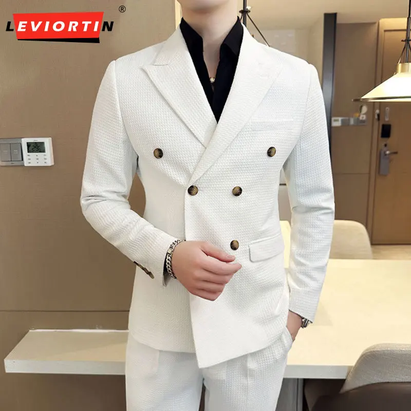 

2024 Black and White Double breasted Formal Men's Suit Jacket Customized Slim Fit Wedding Groom Coat Solid Suit Jacket Hombre