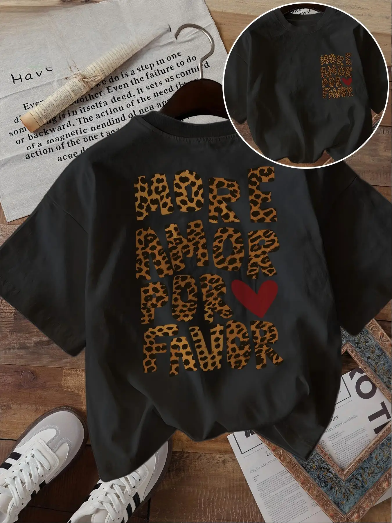 2026  Men Women Retro Leopard Text Print T-shirt More Amor Por Favor Letter & Heart Crew Neck Casual Tee