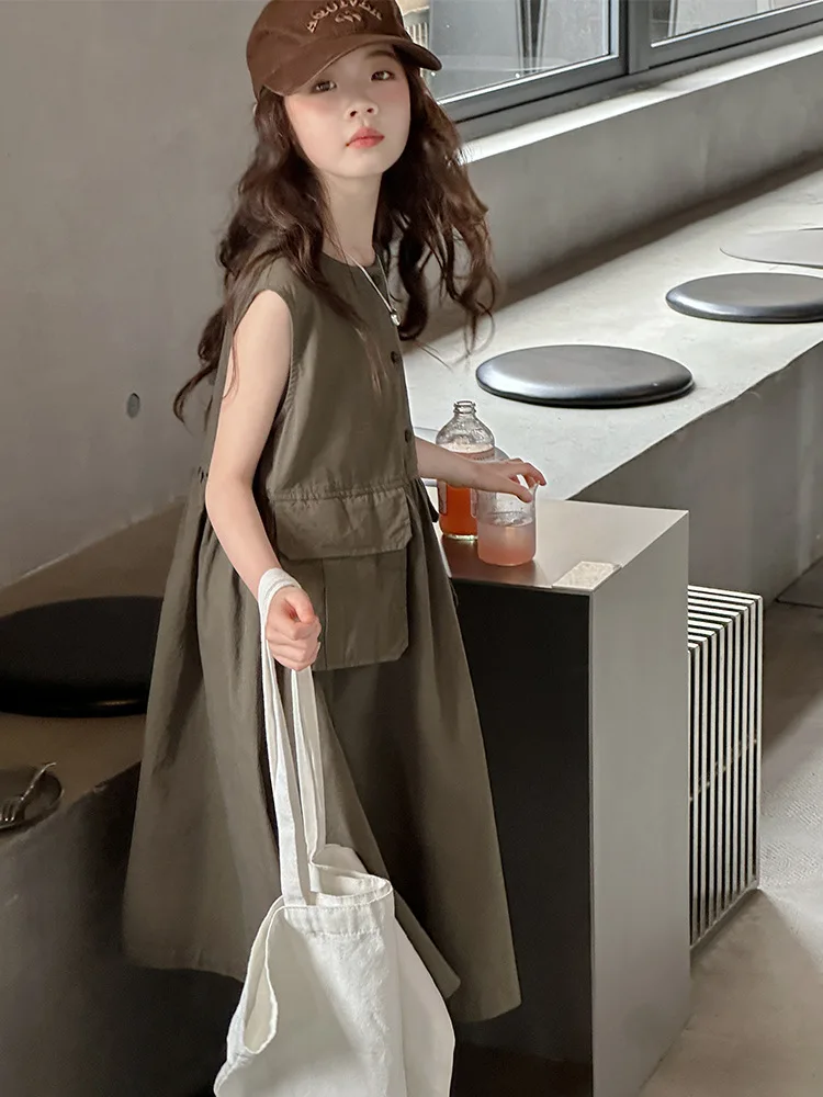 Vestiti per ragazze 2026 Abiti verdi estivi Tasche per bambini Abiti per bambini per bambini 5 6 7 8 9 10 11 12 13 14 15 16 17 18 19 20 anni