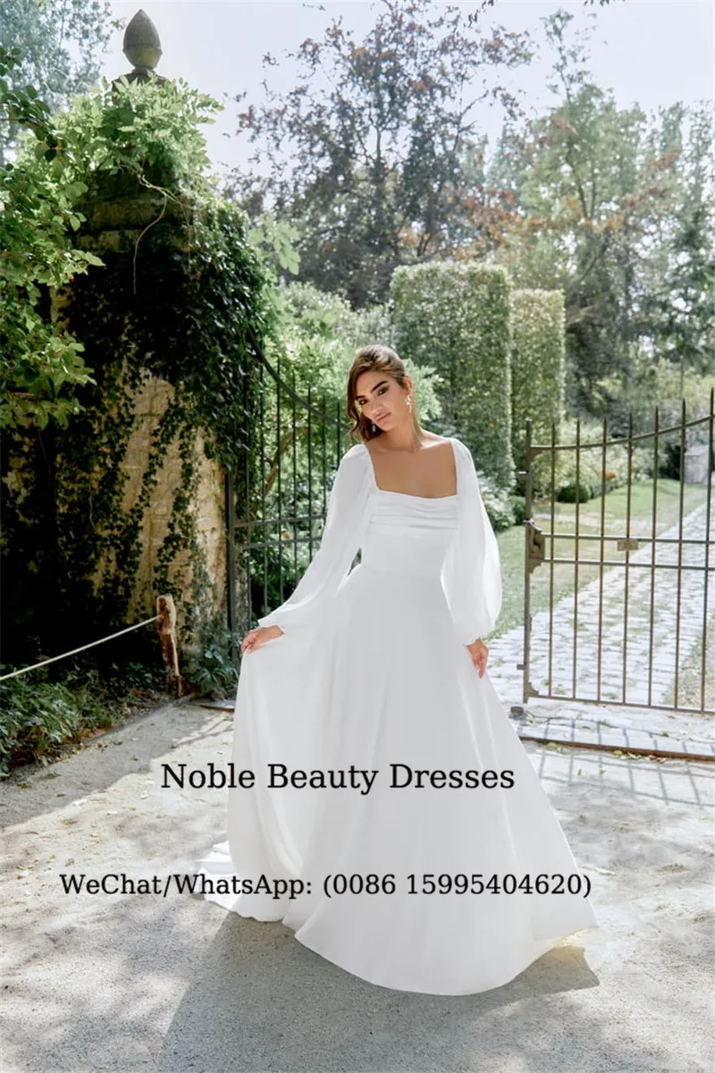 Long Sleeves Garden Wedding Dresses 2026 Pleat Square Collar Bridal Gowns For Women Elegant Backless Vestidos de novia