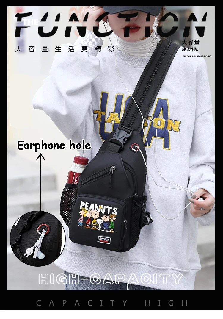 Snoopy Multifunctional Chest Bag Woman Men Fashion Trend Oxford Cloth Shoulder Bags with Earphone Hole Cute Daily Sling Handbags