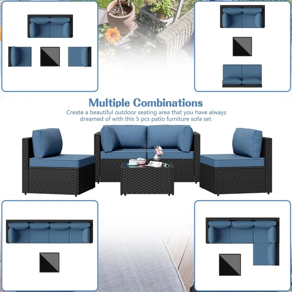 5-teiliges Sofa für die Terrasse im Freien, Möbelsets aus PE-Korbgeflecht, Gesprächssets mit waschbaren Kissen, Couchtisch aus Glas