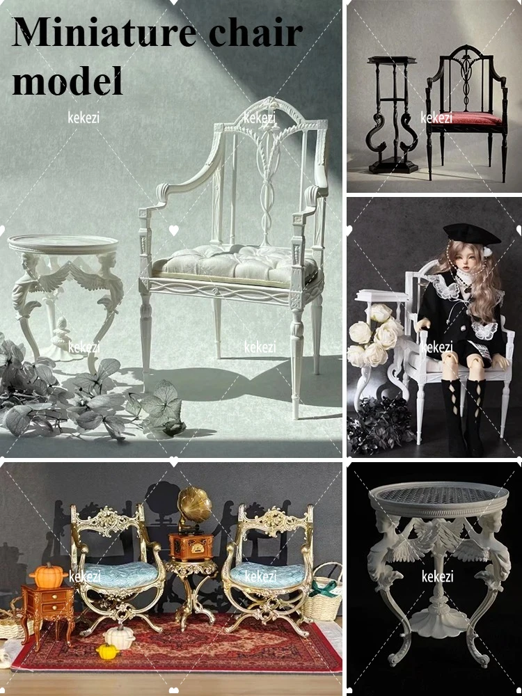 

1：6 European-style Chairs, Miniature Baroque Sofa Mini Retro Angel Round Table Miniature Dollhouse Furniture Decoration