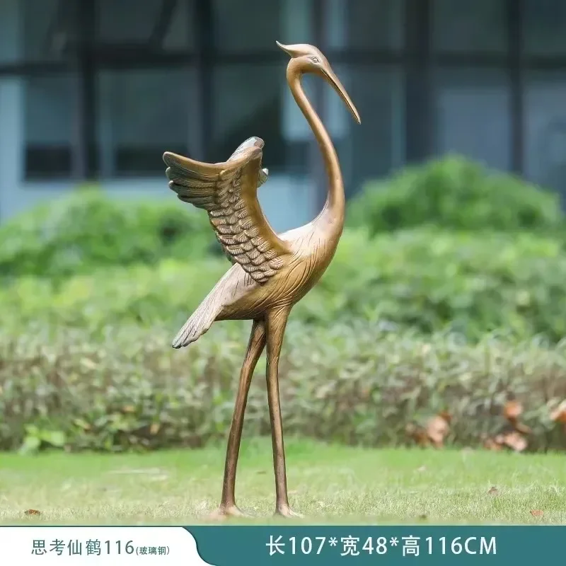 DSA  Fiberglass Imitation Copper Crane Sculpture Outdoor Crane Ornament Courtyard Water Pond Red-crowned Crane Model Decoratio
