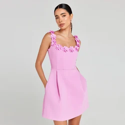 GORAFASHION Women  Evening 3D Floral Mini Halter Dress High quality Bandage Elegant Vertical pleats Lady Short Party Dresses