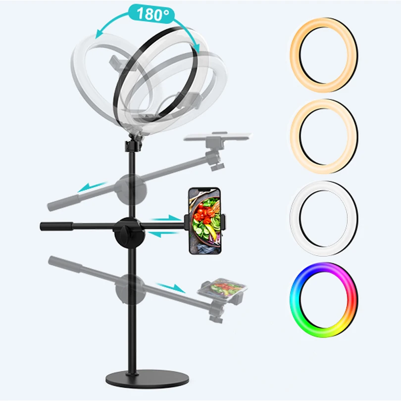 셀카 링 조명 오버 헤드 데스크 서클 삼각대, 비디오 녹화, 유튜브 틱톡 라이브 스트리밍용, 조정 가능한 슈팅 암, 10 인치