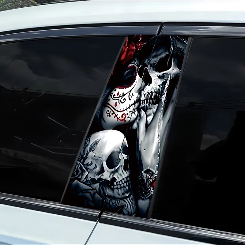 

2 pieces of car B-pillar stickers, skull face women's rose smooth material protective film, with scratch resistant performance