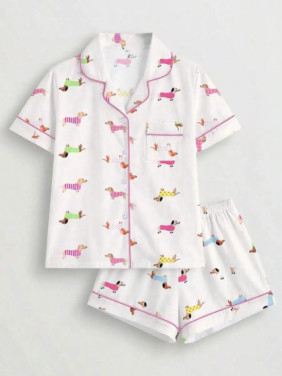 

2pcs Cute Dachshund Print Women Pajama Set Short Sleeve Turn-Down Collar Top Elastic Waist Shorts Sleepwear Loungewear