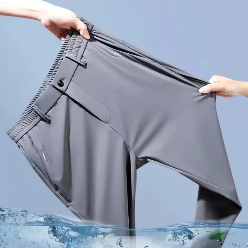 Ice silk men's pants 2025 summer new black gray thin business casual pants outdoor elastic breathable straight leg sports pants