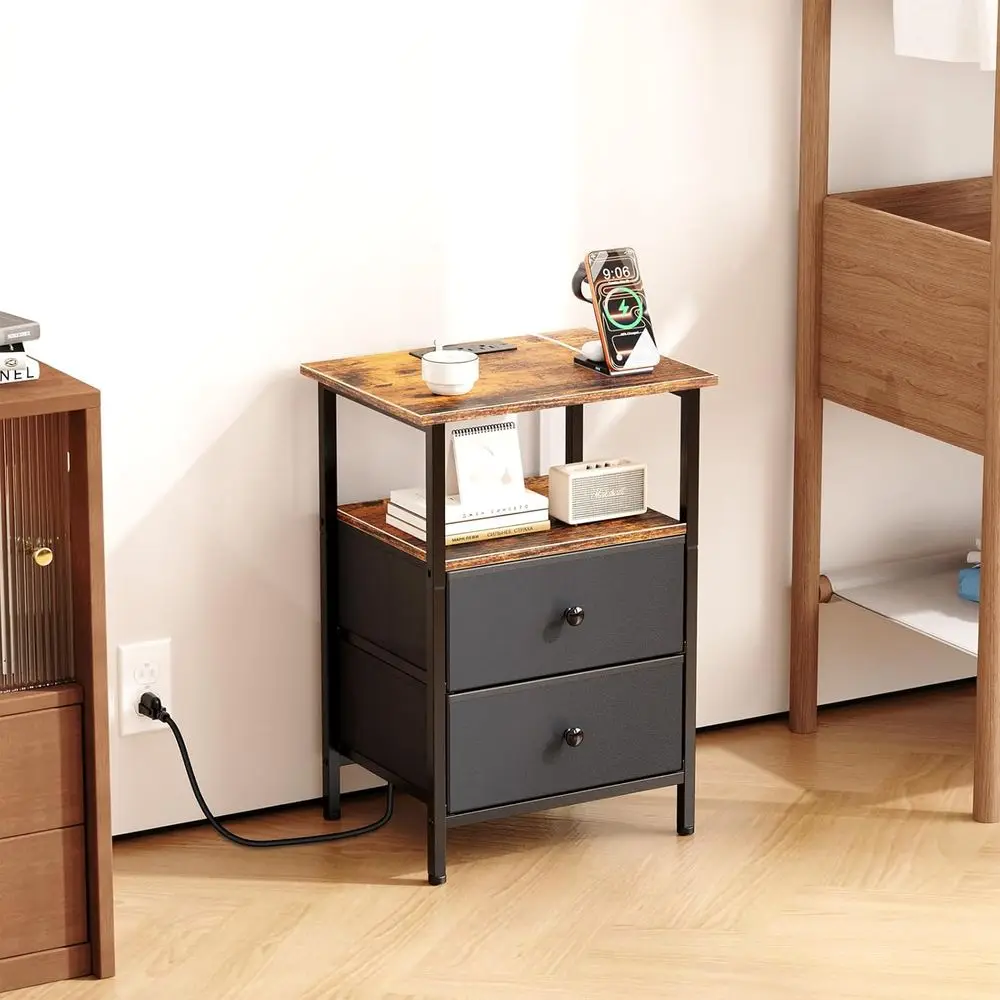 Bedroom Side Table with USB Charging and Outlets, Fabric Drawers, Brown/Black Finish