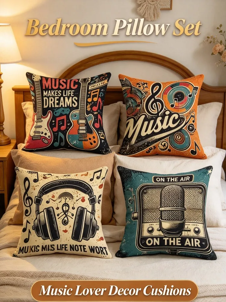 **Vintage Music Pillow Set, Guitar Record Headphone Microphone Cushions, Retro Musician Throw Pillow Covers for Sofa Bedroom Liv