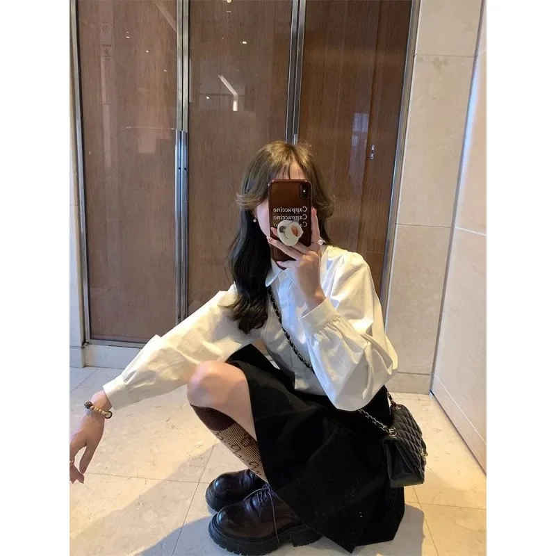 

White Kawaii Shirts Women Korean Style Pleated Blouses Peter Pan Collar Preppy Long Sleeve Basic Cute Tops Spring Fashion