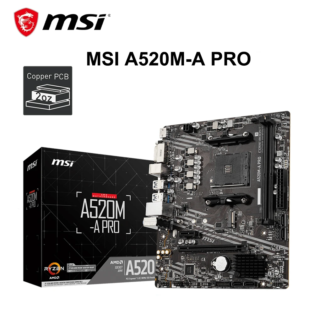 MSI A520M A PRO Motherboard DDR4 M.2 Socket AM4 USB3.2 STAT 3.0 SSD 4600(OC) MHz Audio Boost AMD A520 Mainboard placa mae