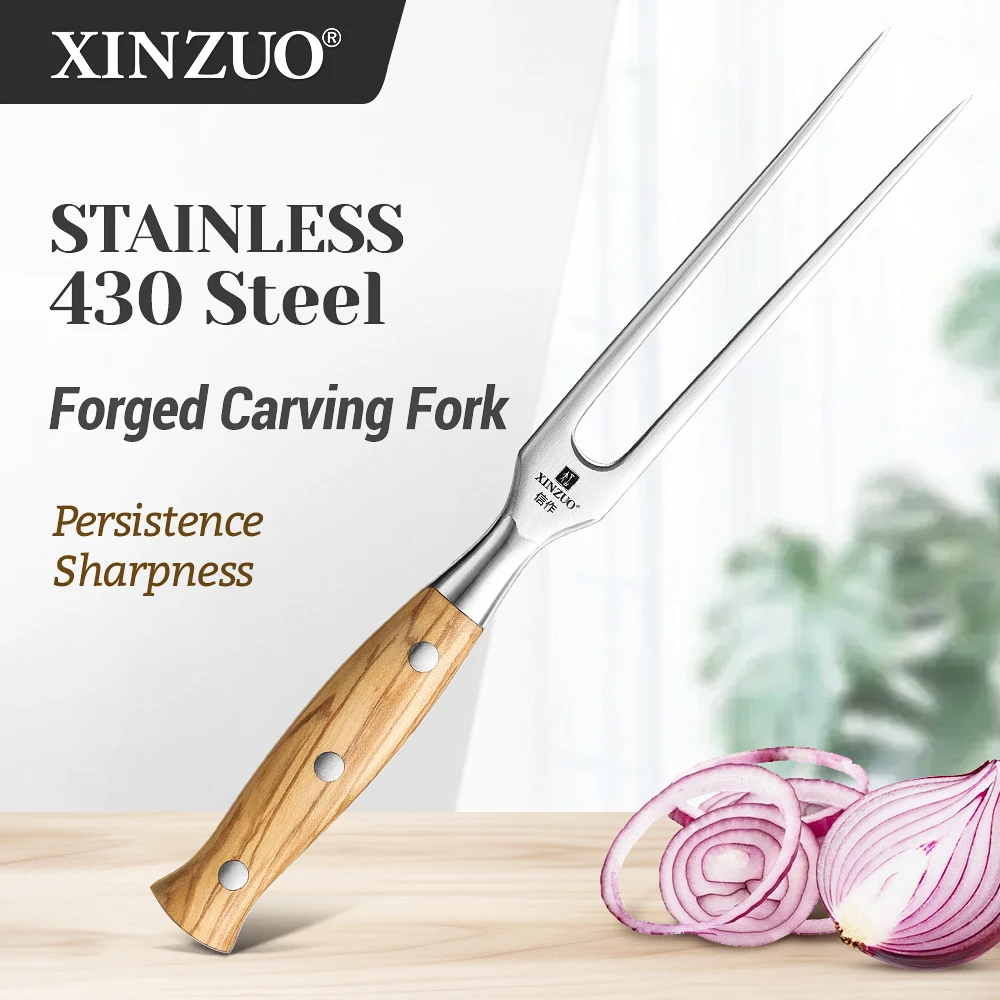 

XINZUO Forged Carving Fork 430 Stainless Steel Olive Wood+Stainless Steel Rivet Handle Barbecue Fork Family Gathering Tools