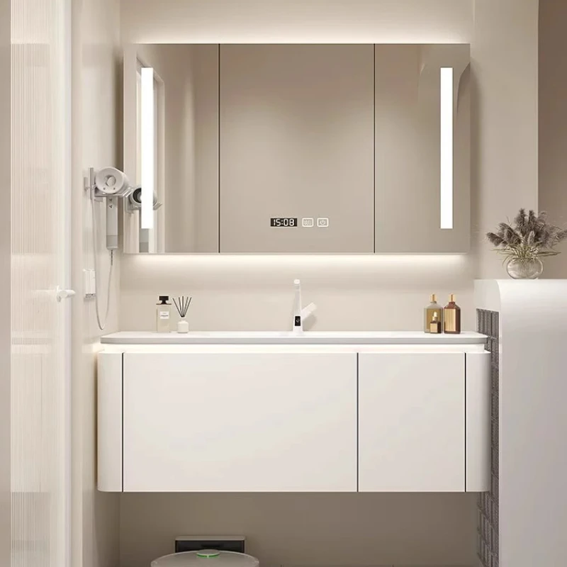 

Minimalist Cream Style Bathroom Cabinets Integrated Basin Storage Closet Bathroom Cabinet Washbasin Gabinete Furniture YX50BC