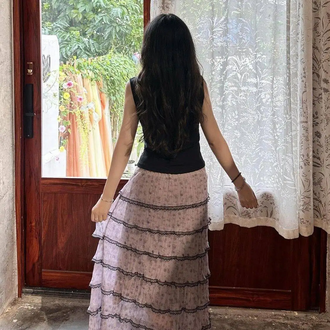 Heavy Embellished Multi-Layered High Waist Maxi Skirt Women's Summer New Style Casual Cake Skirt Polyester Fabric Elastic Waist