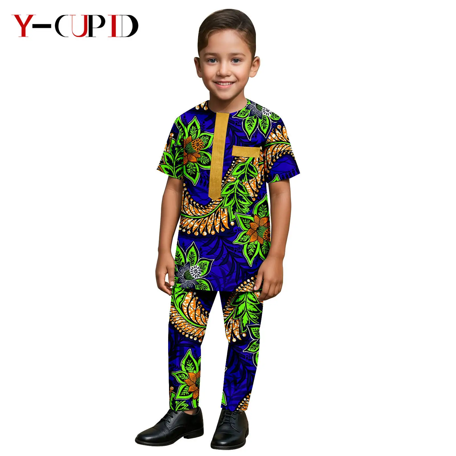 

African Clothes for Kids Dashiki Print Bright Silk Top and Pant Sets Bazin Riche Children Outwear Suits Boys Outfits 2546023