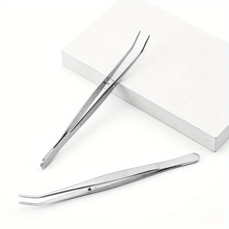 1/2pcs Stainless Steel Dental Tweezers, Double Curved, Non-Slip Grip, Serrated Tips, Manual Dental Hygiene Tool for Gum Health