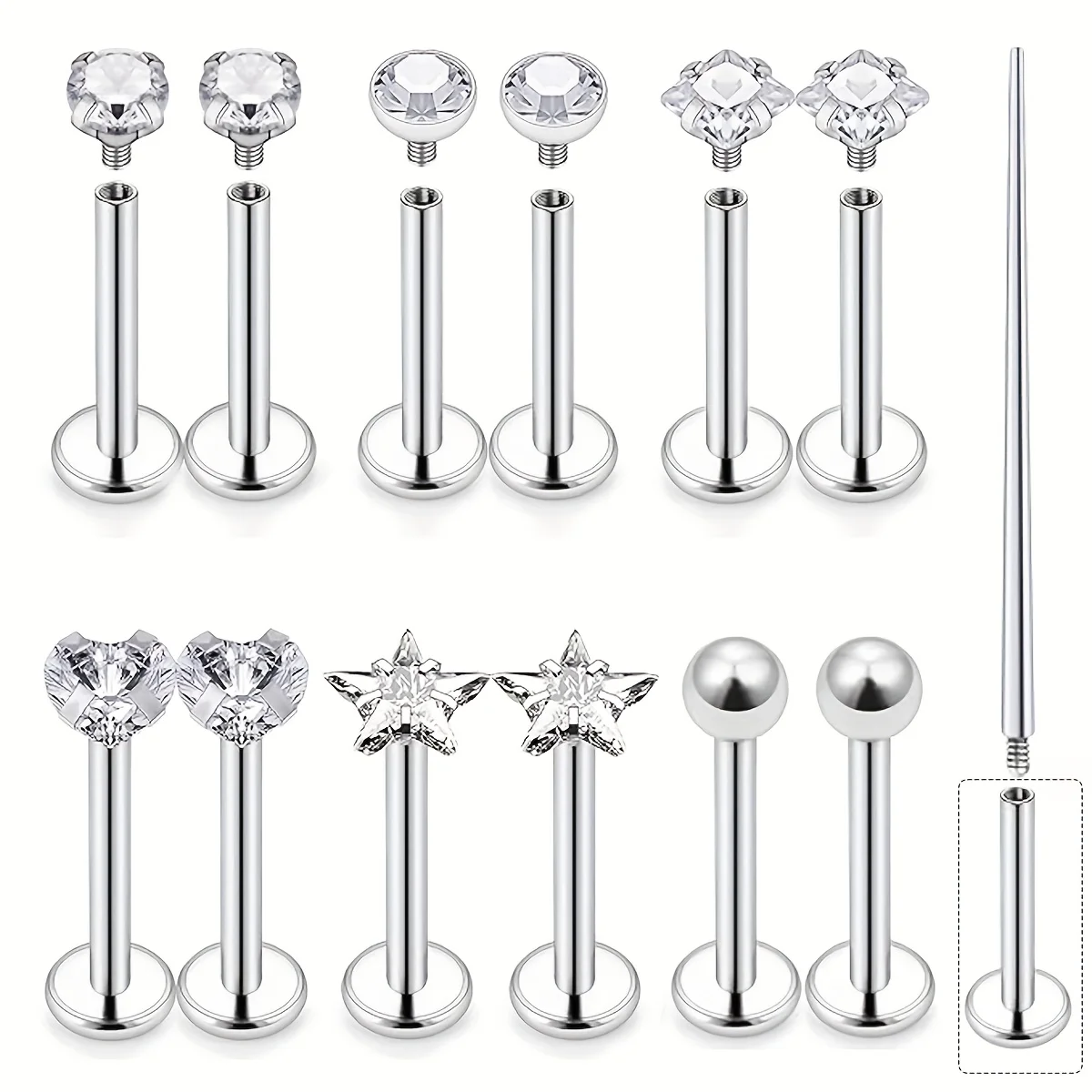13pcs 16G Lip Labret Studs Internally Threaded Surgical Stainless Steel Flat Back Catilage Tragus Helix Daith Earrings Piercings
