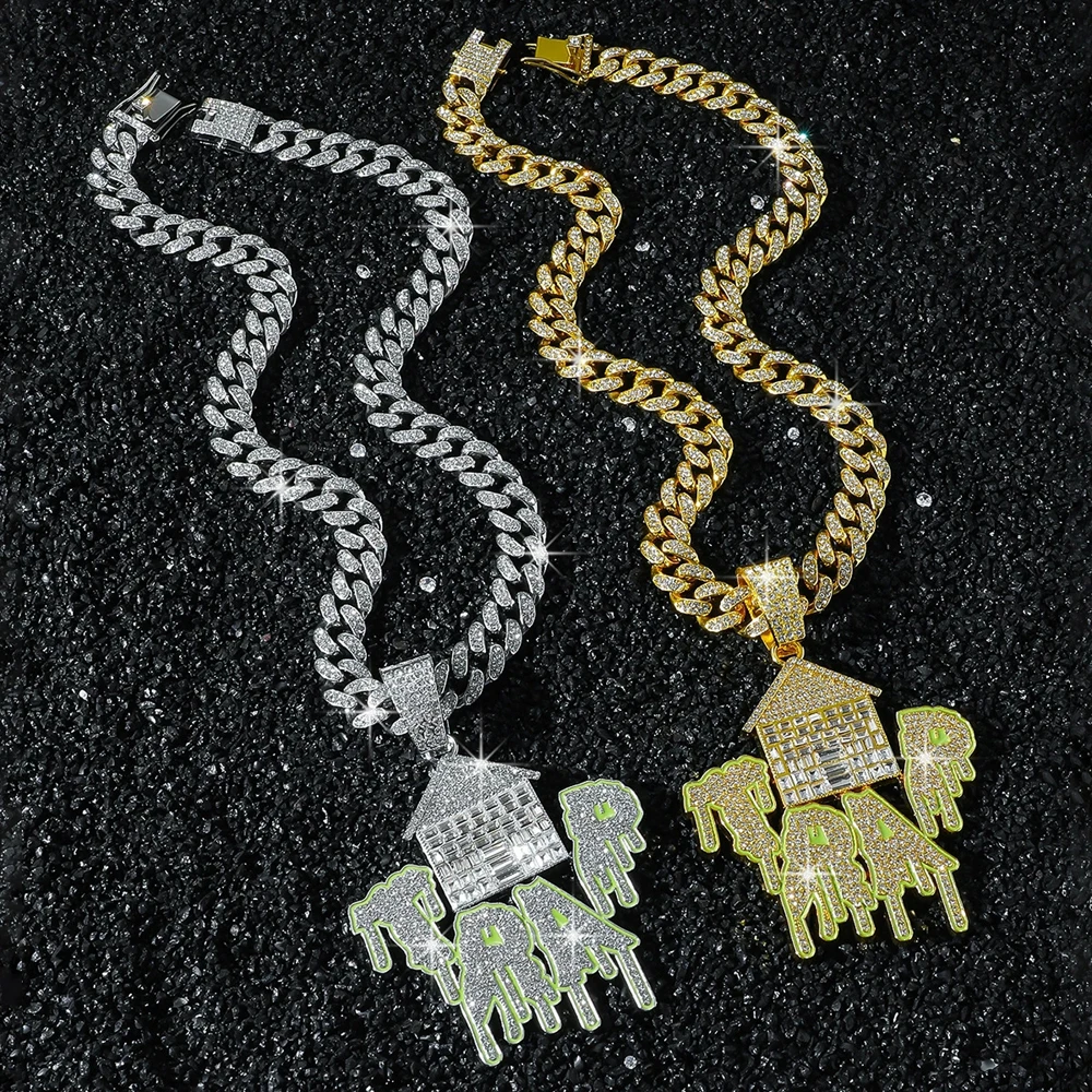 New Men's Exaggerated Trap House Pendant Cuban Necklace Hip Hop Style Iced Out Rhinestone House Letter Necklaces Charm Jewelry