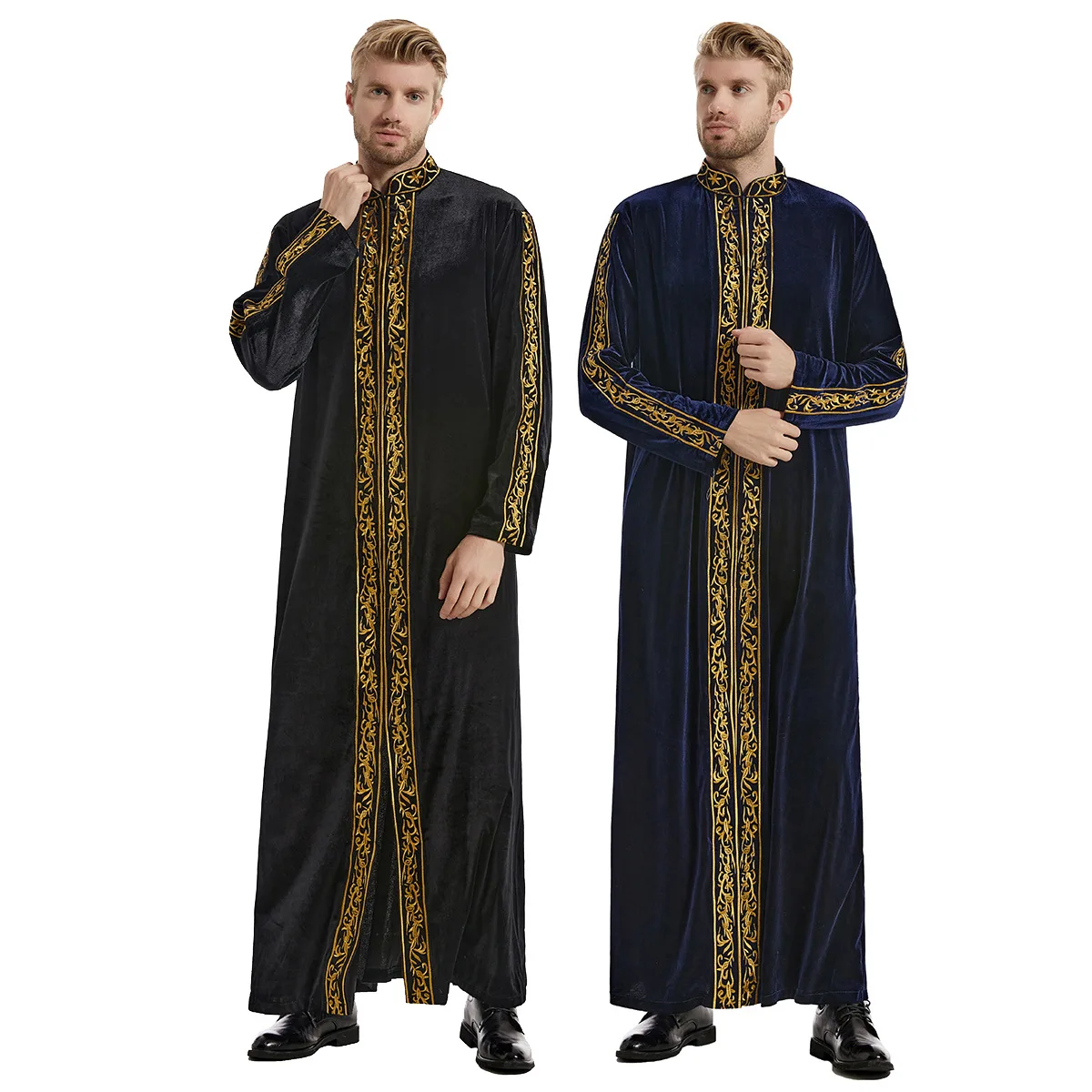 Eid musulmano islamico uomini Jubba Thobe Abaya vestito velluto ricamo Kimono abito lungo Saudi Musulman Abaya caftano Islam Dubai arabo