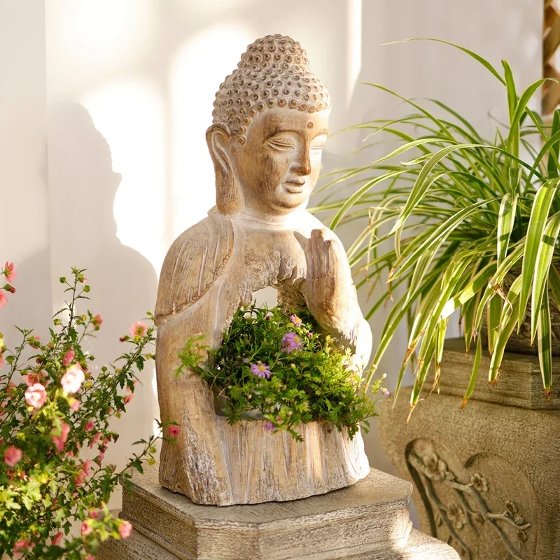 Garden Buddha Flower Pot Creative Outdoor Chinese Wood-like Carving Zen Garden Balcony Decoration Decoration Landscape