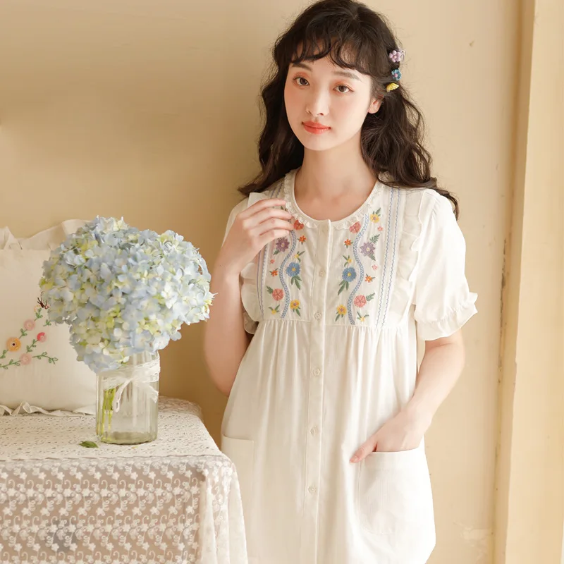 Vintage Embroidery 100% Cotton White Pajama Sets For Women Short Sleeve Long Pants Summer Loose Cardigan Plus Size Sleepwear