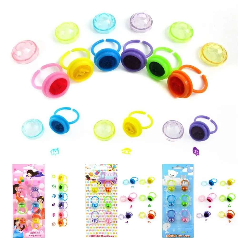 Anillos de diamante autoentintables para niños, sello de tinta de varios anillos, 6 piezas, autoentintado, sellado, bricolaje, redondo, dibujos animados, Juguetes