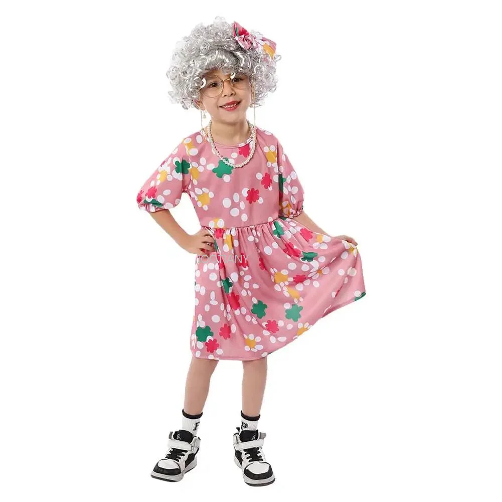 

New Old Lady Fantasy Dress Kids Grandma Cosplay Costume Wig Cane Outfits Halloween Carnival Party Stage Performance Dress Up