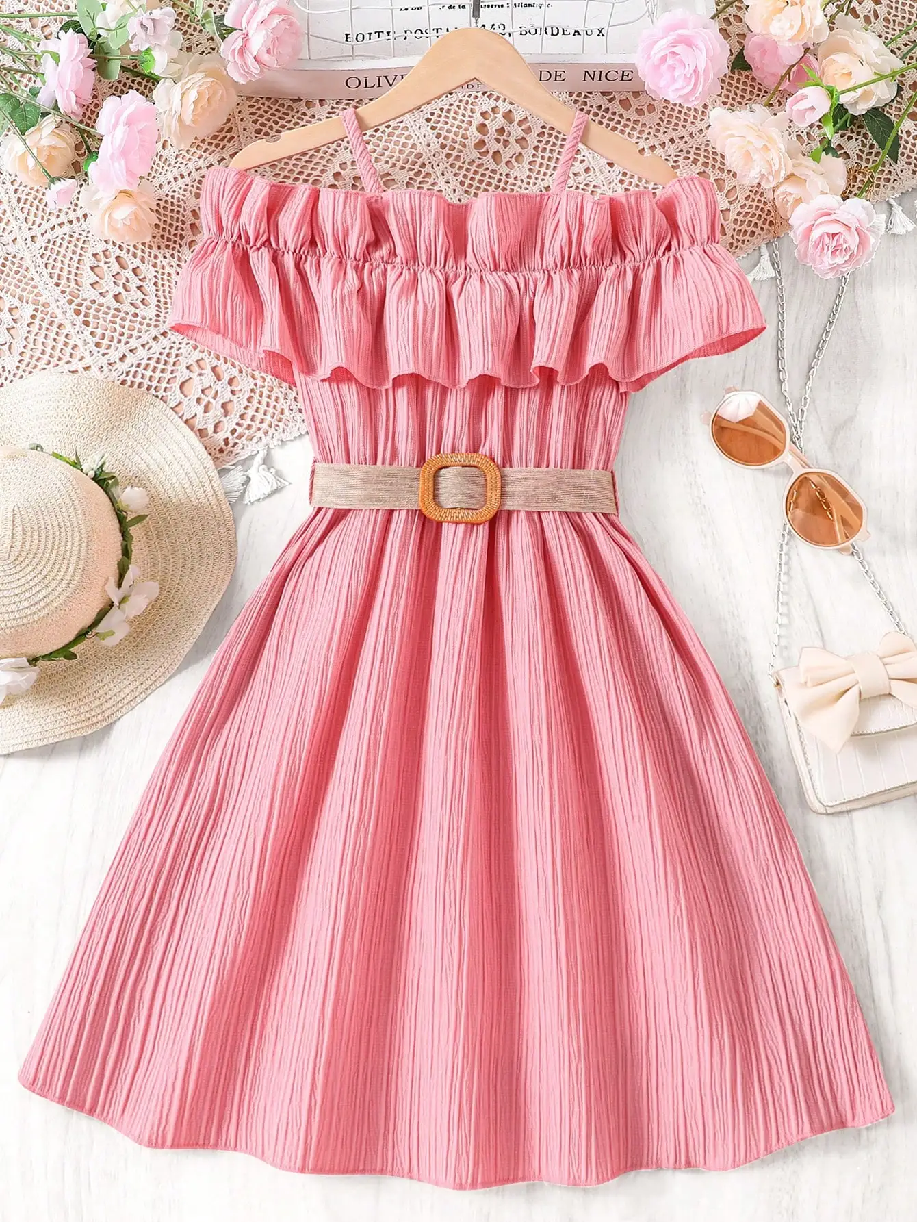 Girl's elegant and fashionable summer lotus root powder belt dress