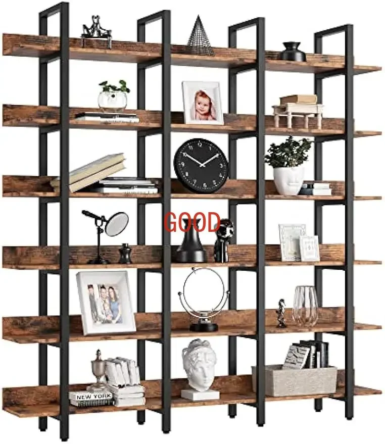

IRONCK Bookcase and Bookshelves Triple Wide 6 Tiers Large Open Shelves, Etagere Bookcases with Back Fence,Vintage Brown