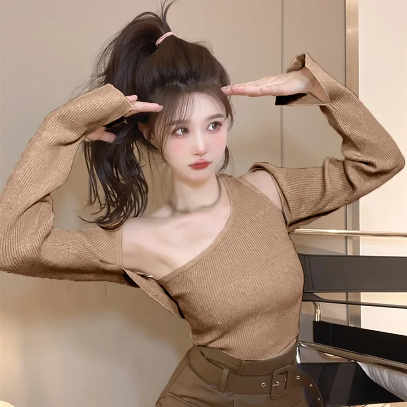 Female Korean Sweater Knitwear Design Sense Exposed Collarbone Fashion Solid Color Long Sleeve Sweater