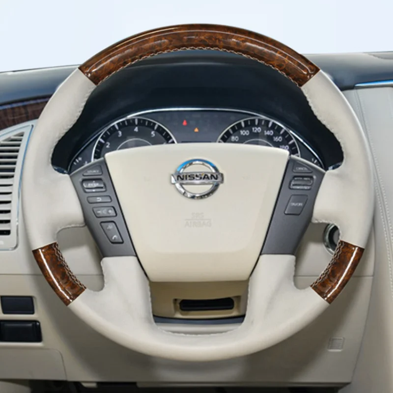 

Hand-stitched Off white Genuine Leather peach wood grain car Steering Wheel Cover for Nissan Patrol Y62 2012-2018 auto parts