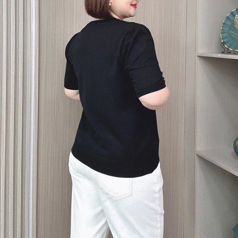 2024 New Plus Size Women Summer Slim Top Fashion Sequin Embroidery Ice Knit short-sleeved T-shirt