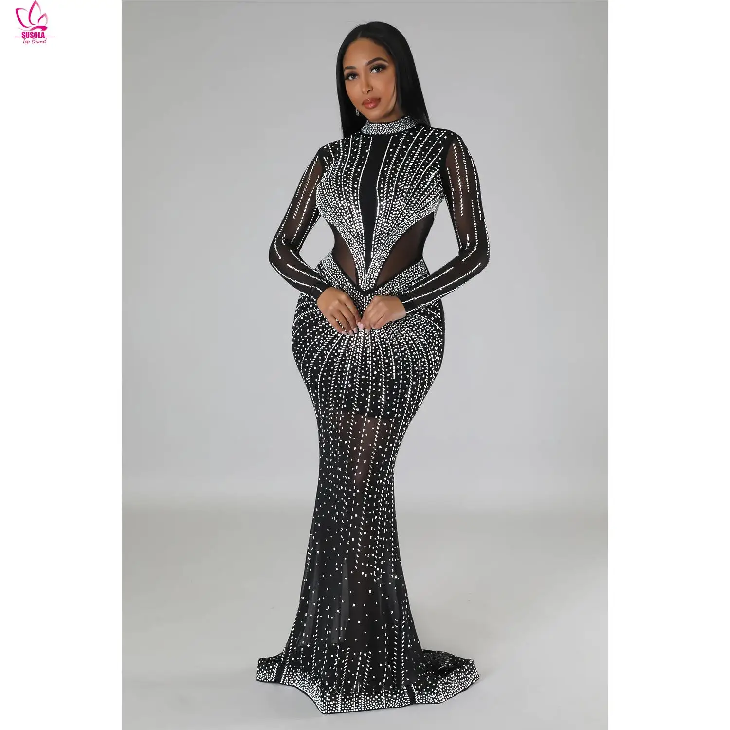 SUSOLA 2024 New Arrival Fashion Design Dress Solid Diamond O-neck Long Sleeve Sexy Celebrity Party Maxi Dresses Vestidos