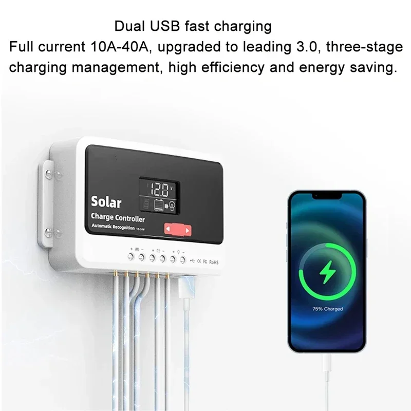 PWM Solar Charge Controller 10A-60A 12V/24V/48V Auto Dual USB Solar Panel Battery Regulator for Lead-Acid Lithium Battery