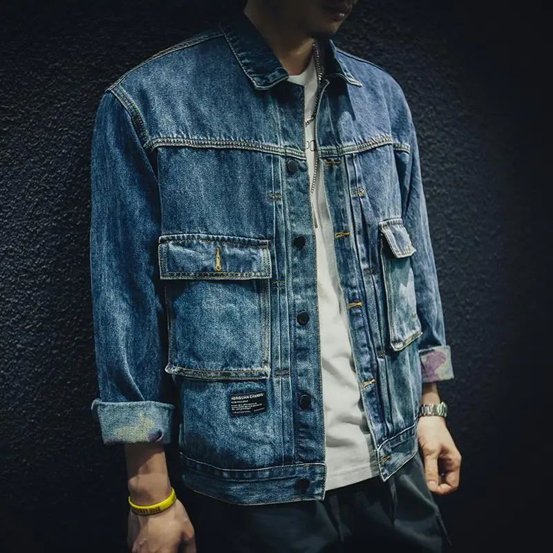 Denim Jacket Men Cargo Jean Jackets Retro Tough Streetwear Solid Color Turn Down Collar Denim Coats Men Motorcycle Bomber Tops