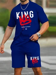 New Men's Short Sleeve Shorts Set Fashion King Printed T-Shirt Shorts 2 Sets of Casual Round Neck Jumper Breathable Sportswear