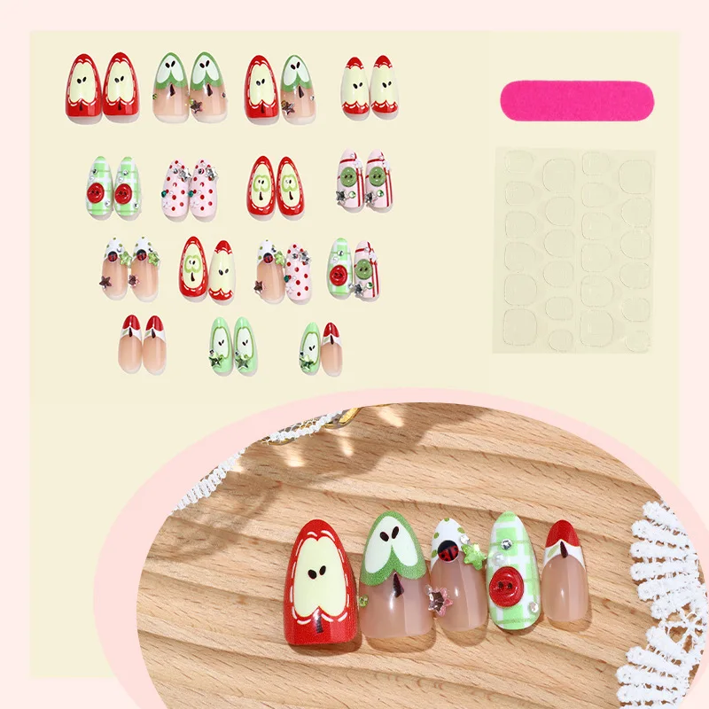 24 Stück niedliche künstliche Nägel mit Cartoon-Motiv, roter Apfel, grüne Tupfen, karierte Muster, französische künstliche Nägel, Spitze, süße Frucht, Mandelnägel zum Aufdrücken