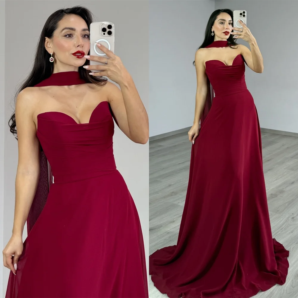 

Customized Fashion Burgundy Jersey Evening Dresses Exquisite Strapless Sleeveless Celebrity Gowns Luxury Vestido De Festa