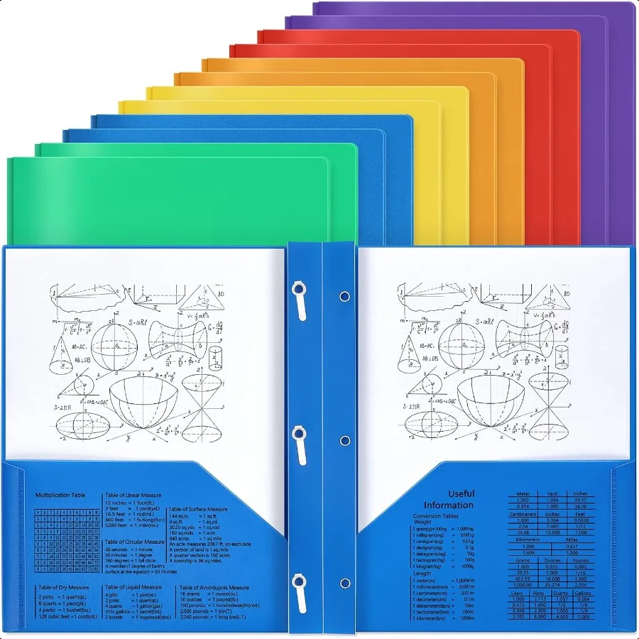 

12 Pcs Stylish Color Plastic Folders with Pockets and Prongs Plastic Folders with 2 Pockets Pocket for Office School for Studen