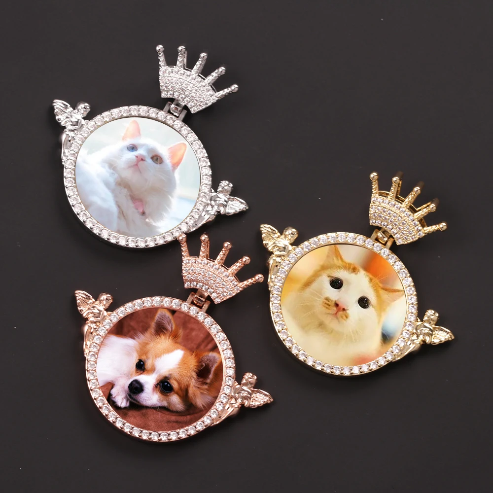 

Hip Hop Custom Crown Hook Photo Frame Bling Brass Iced Out CZ Zircon Double Little Angels Circle Memory Picture Pendant Necklace