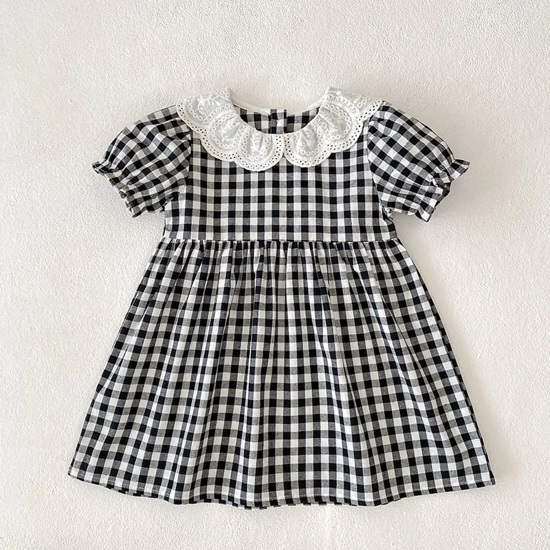 Summer New Sweet Doll Collar Plaid Short Sleeve Girls Dress Children's Clothing Casual Dress for Girls