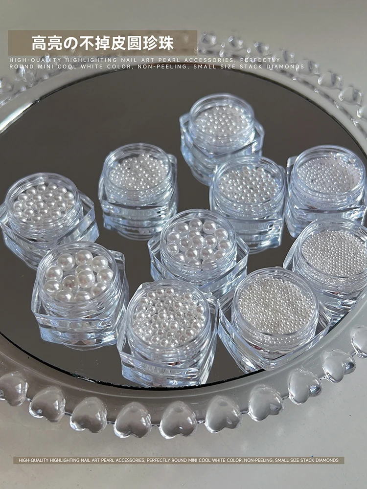 evidenziando accessori per perle per nail art di alta qualità, mini colore bianco freddo rotondo perfettamente, di piccole dimensioni non sbucciate