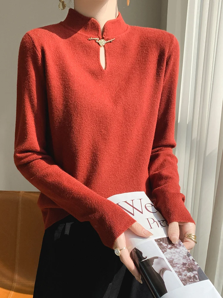 

Retro Red New National Sle Button Knitted Sweater Women's Stand Collar oulder Top Ele Faionable Knitwear